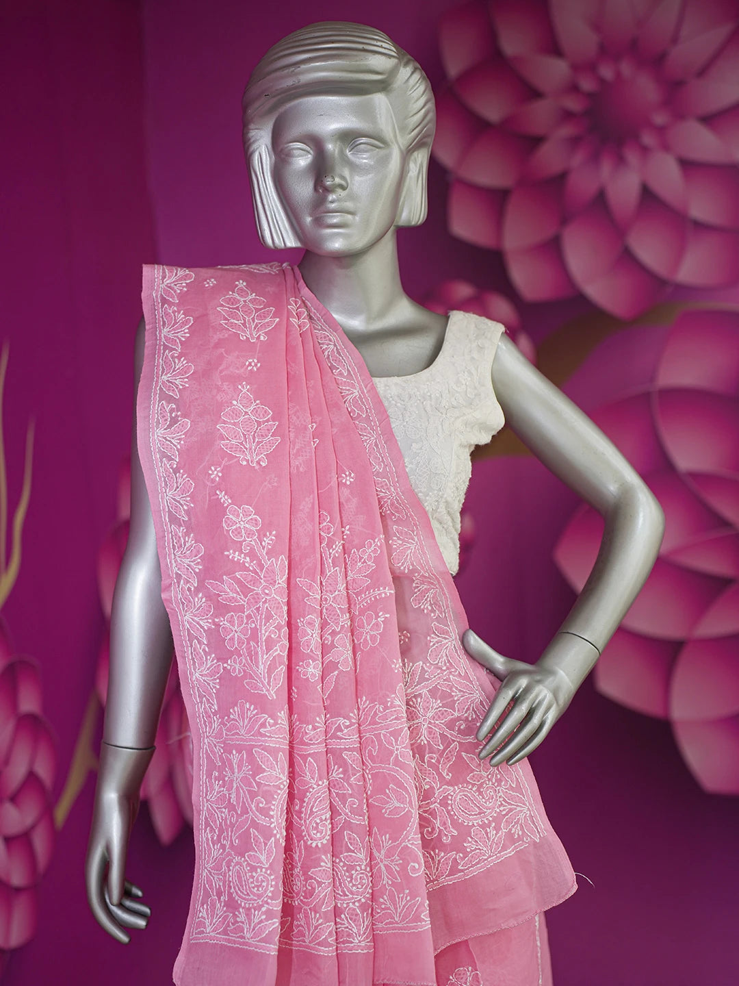 Ada Hand Embroidered Onion Pink Cotton Lucknowi Chikankari Saree and Blouse 01A583402