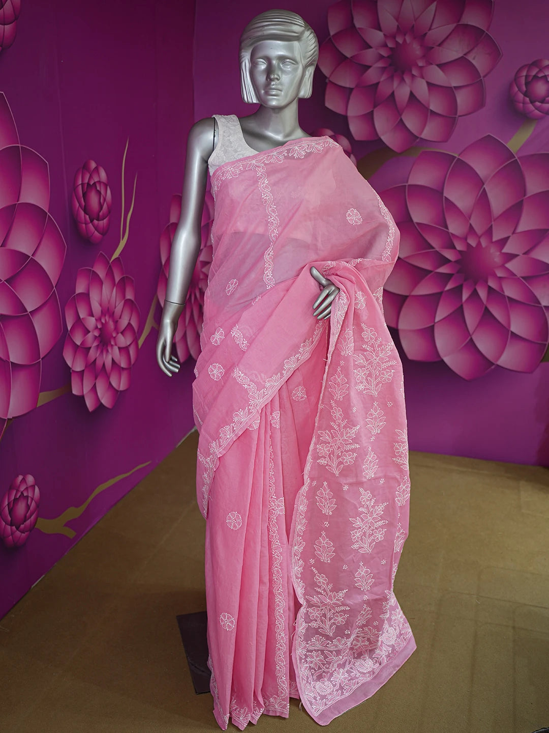 Ada Hand Embroidered Onion Pink Cotton Lucknowi Chikankari Saree and Blouse 01A583402