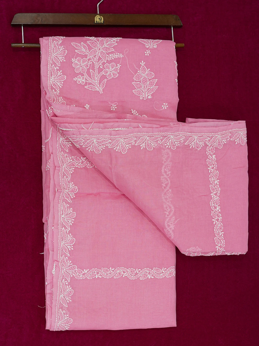 Ada Hand Embroidered Onion Pink Cotton Lucknowi Chikankari Saree and Blouse 01A583402