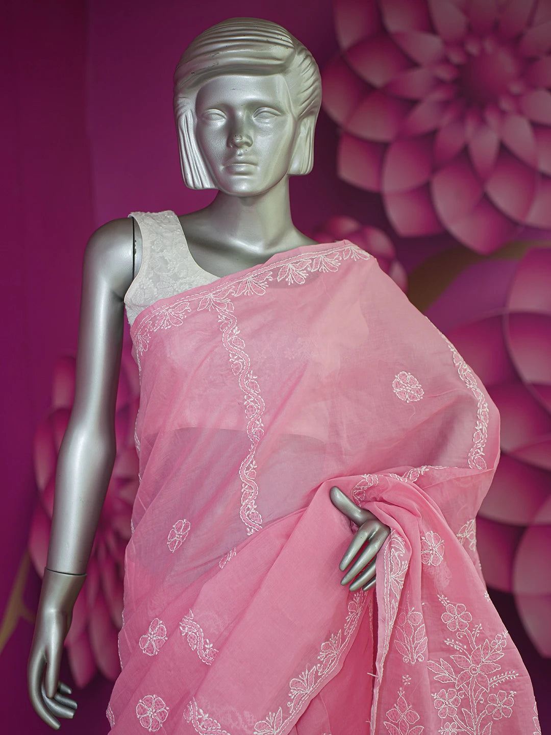 Ada Hand Embroidered Onion Pink Cotton Lucknowi Chikankari Saree and Blouse 01A583402