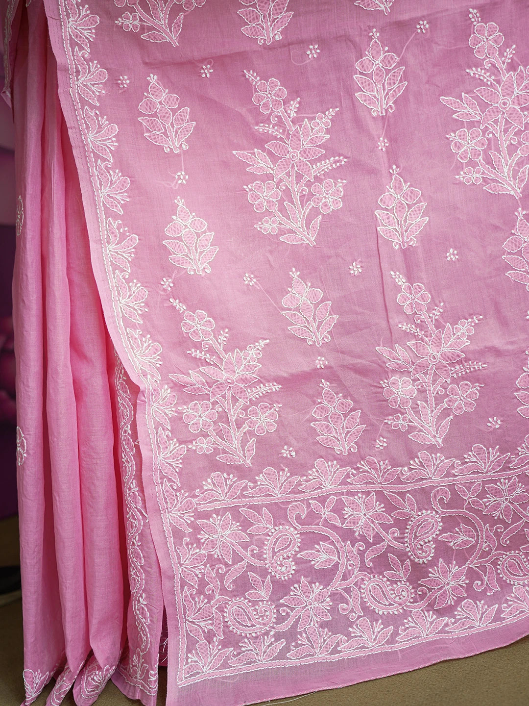 Ada Hand Embroidered Onion Pink Cotton Lucknowi Chikankari Saree and Blouse 01A583402