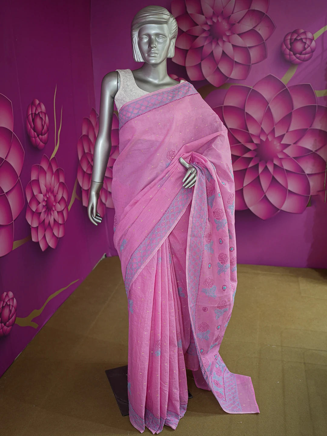 Ada Hand Embroidered Onion Pink Chanderi Lucknowi Chikankari Saree and Blouse 01A535286