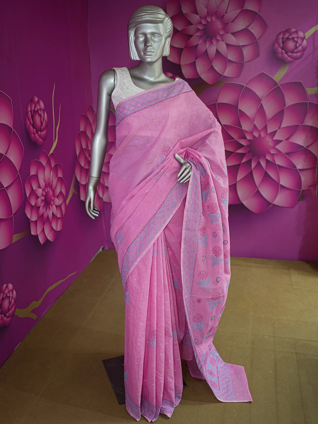 Ada Hand Embroidered Onion Pink Chanderi Lucknowi Chikankari Saree and Blouse 01A535286