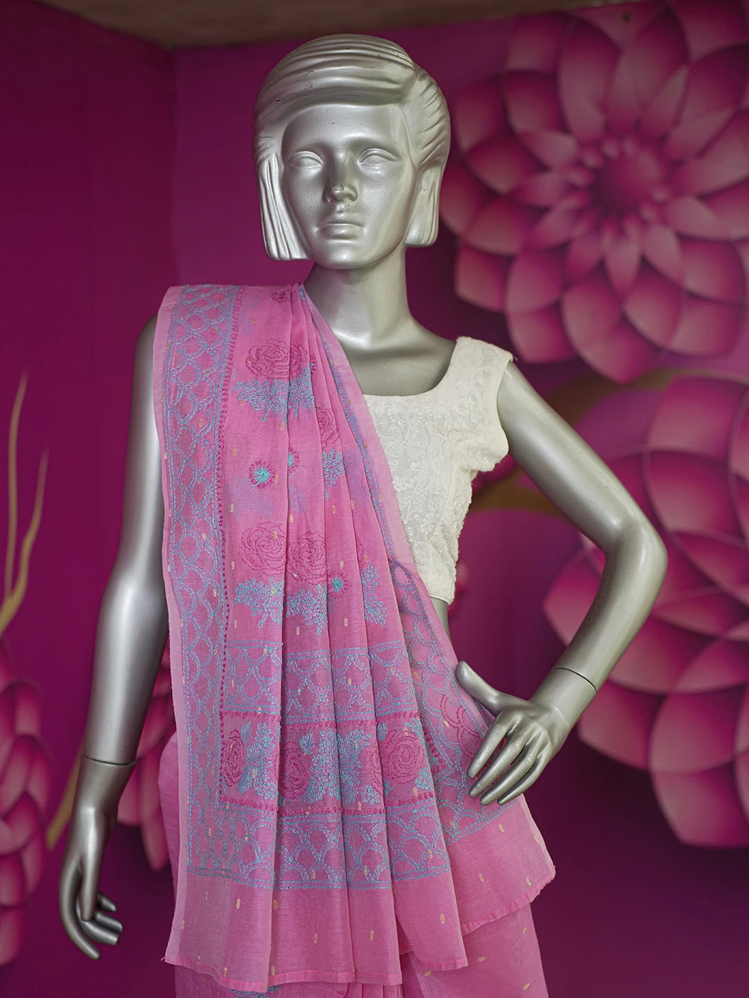 Ada Hand Embroidered Onion Pink Chanderi Lucknowi Chikankari Saree and Blouse 01A535286