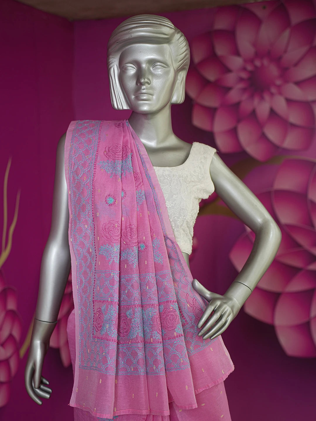 Ada Hand Embroidered Onion Pink Chanderi Lucknowi Chikankari Saree and Blouse 01A535286
