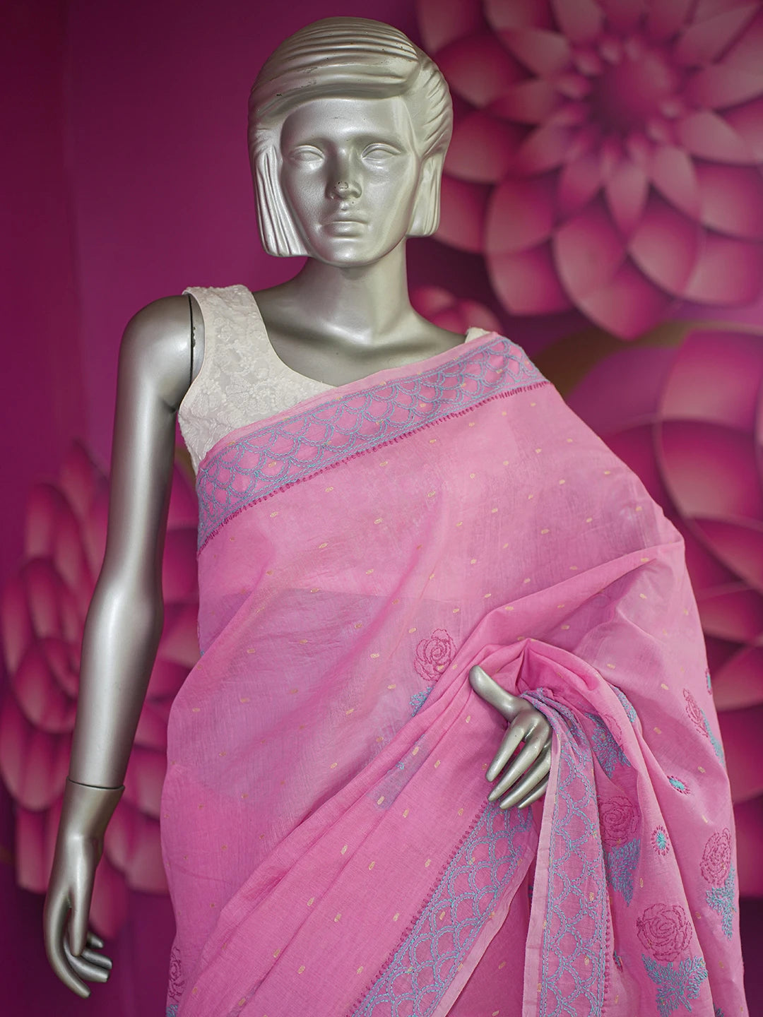 Ada Hand Embroidered Onion Pink Chanderi Lucknowi Chikankari Saree and Blouse 01A535286