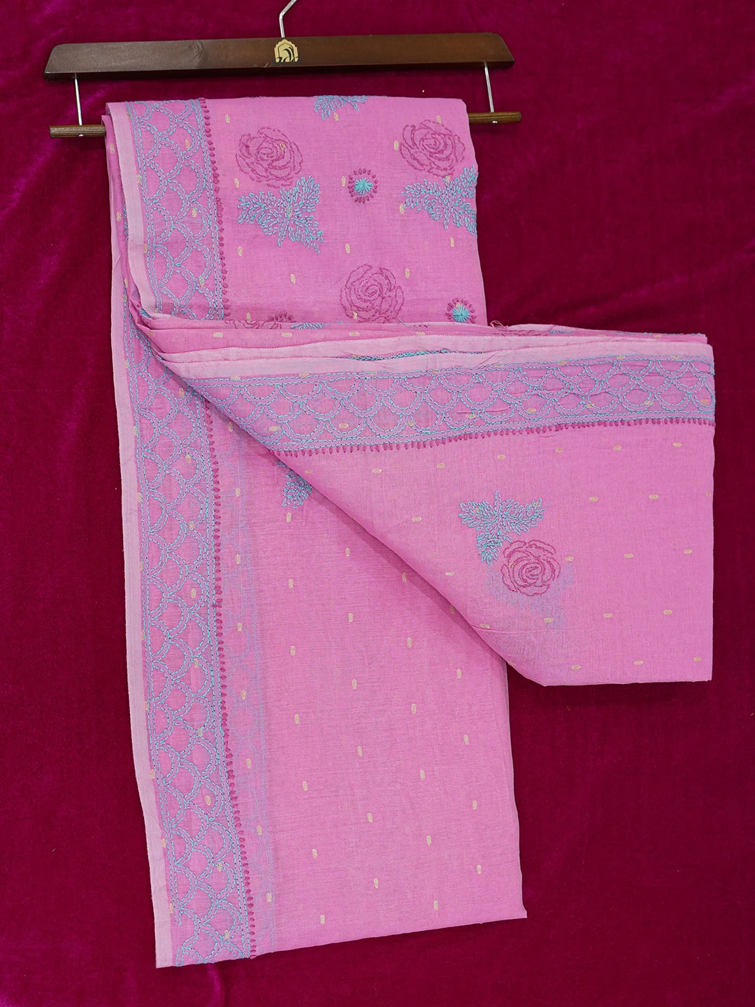 Ada Hand Embroidered Onion Pink Chanderi Lucknowi Chikankari Saree and Blouse 01A535286