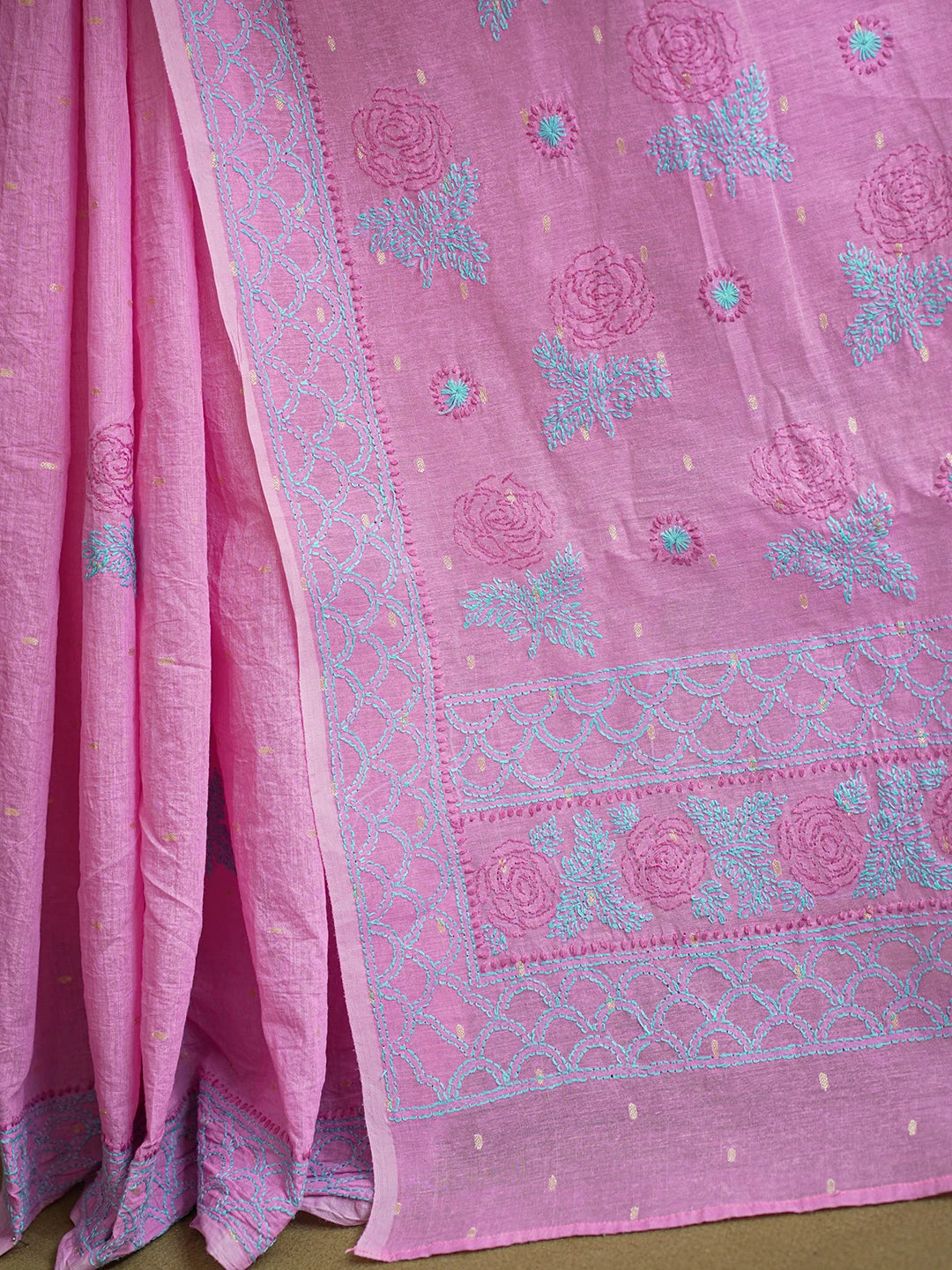 Ada Hand Embroidered Onion Pink Chanderi Lucknowi Chikankari Saree and Blouse 01A535286