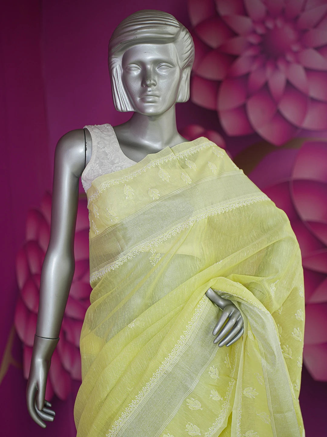 Ada Hand Embroidered Lemon Chanderi Lucknowi Chikankari Saree and Blouse With Zari Work 01A604830