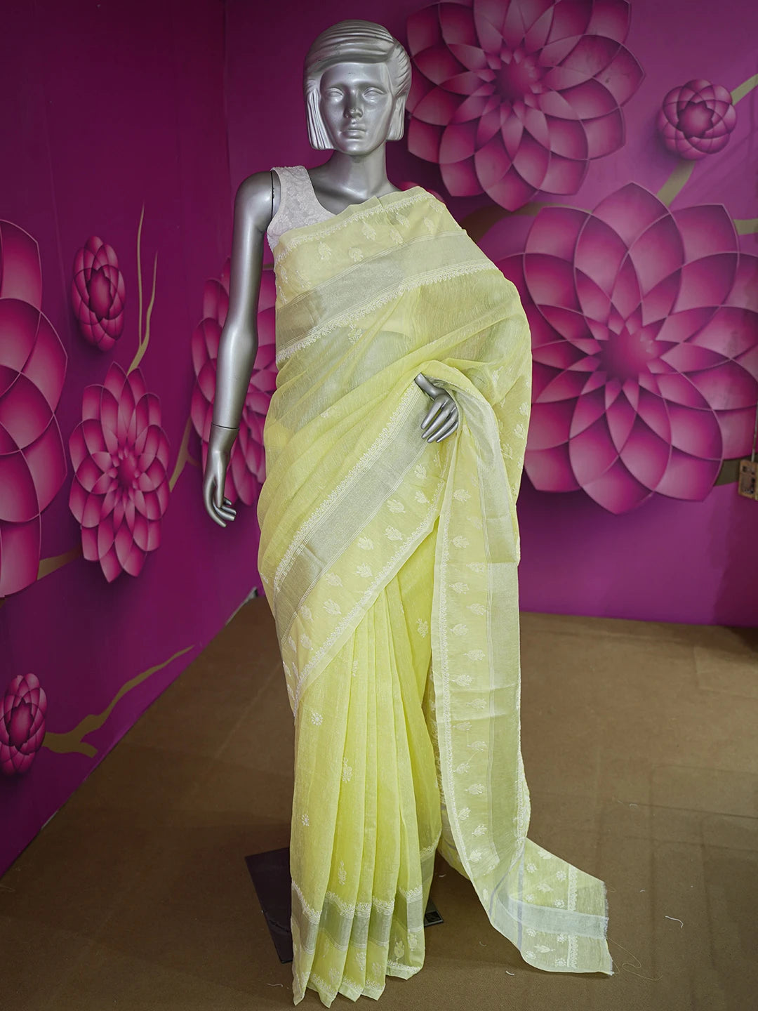 Ada Hand Embroidered Lemon Chanderi Lucknowi Chikankari Saree and Blouse With Zari Work 01A604830