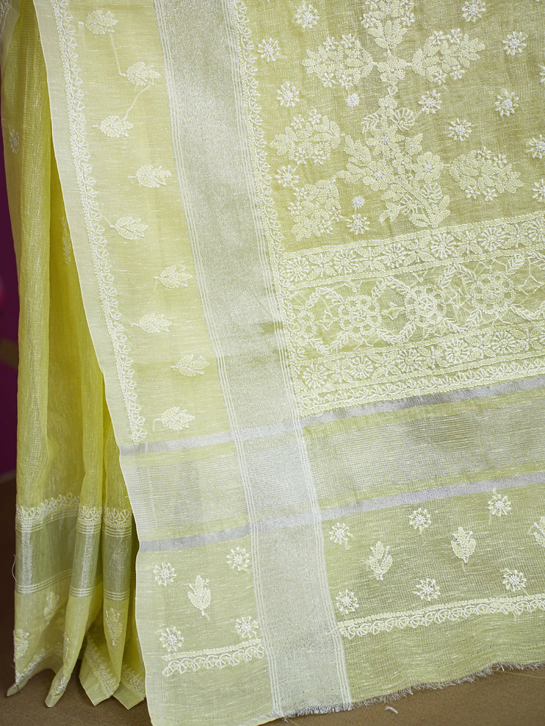 Ada Hand Embroidered Lemon Chanderi Lucknowi Chikankari Saree and Blouse With Zari Work 01A604830
