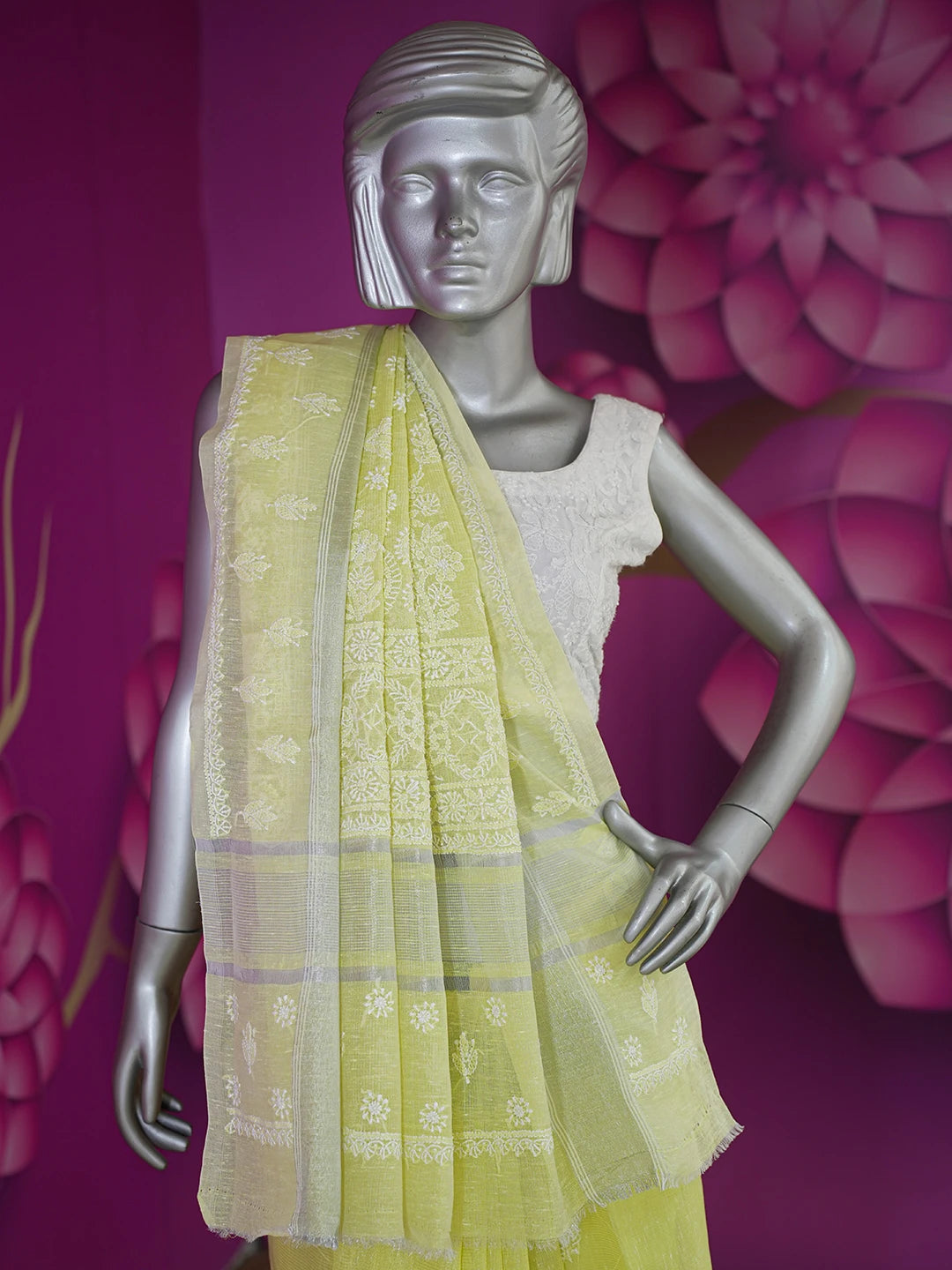 Ada Hand Embroidered Lemon Chanderi Lucknowi Chikankari Saree and Blouse With Zari Work 01A604830