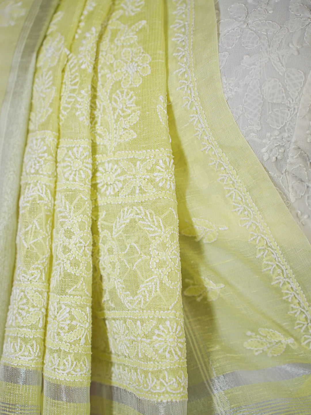 Ada Hand Embroidered Lemon Chanderi Lucknowi Chikankari Saree and Blouse With Zari Work 01A604830