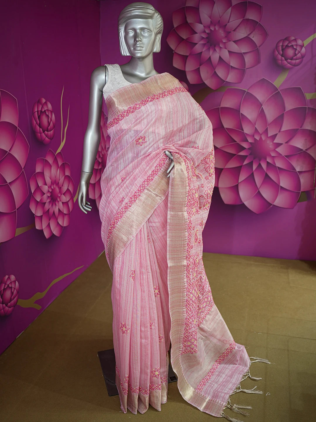 Ada Hand Embroidered Pink Tissue Lucknowi Chikankari Saree and Blouse 01A624174