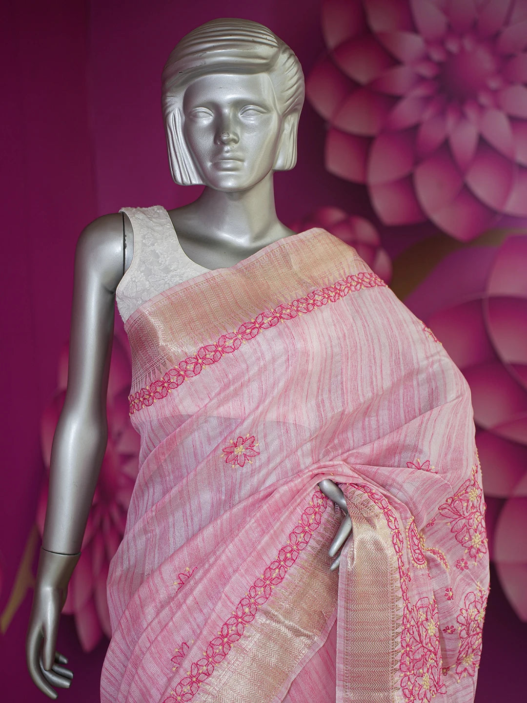 Ada Hand Embroidered Pink Tissue Lucknowi Chikankari Saree and Blouse 01A624174