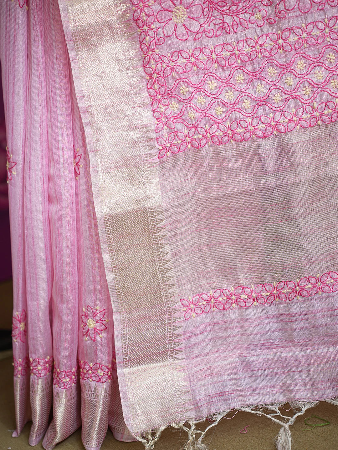 Ada Hand Embroidered Pink Tissue Lucknowi Chikankari Saree and Blouse 01A624174