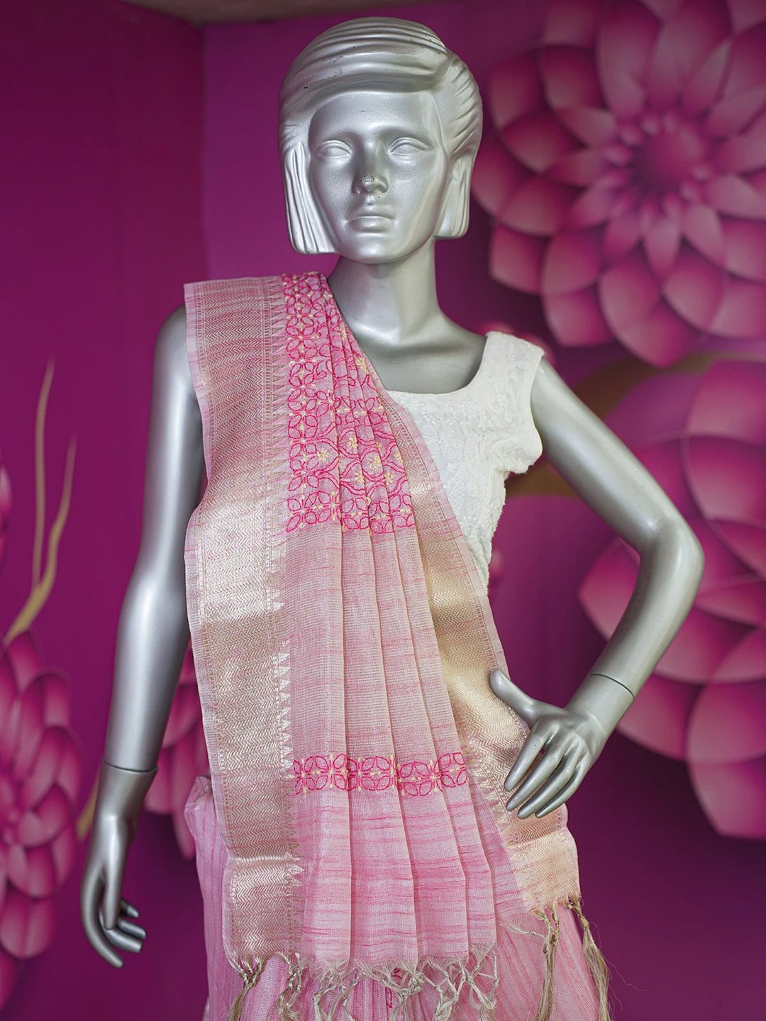Ada Hand Embroidered Pink Tissue Lucknowi Chikankari Saree and Blouse 01A624174