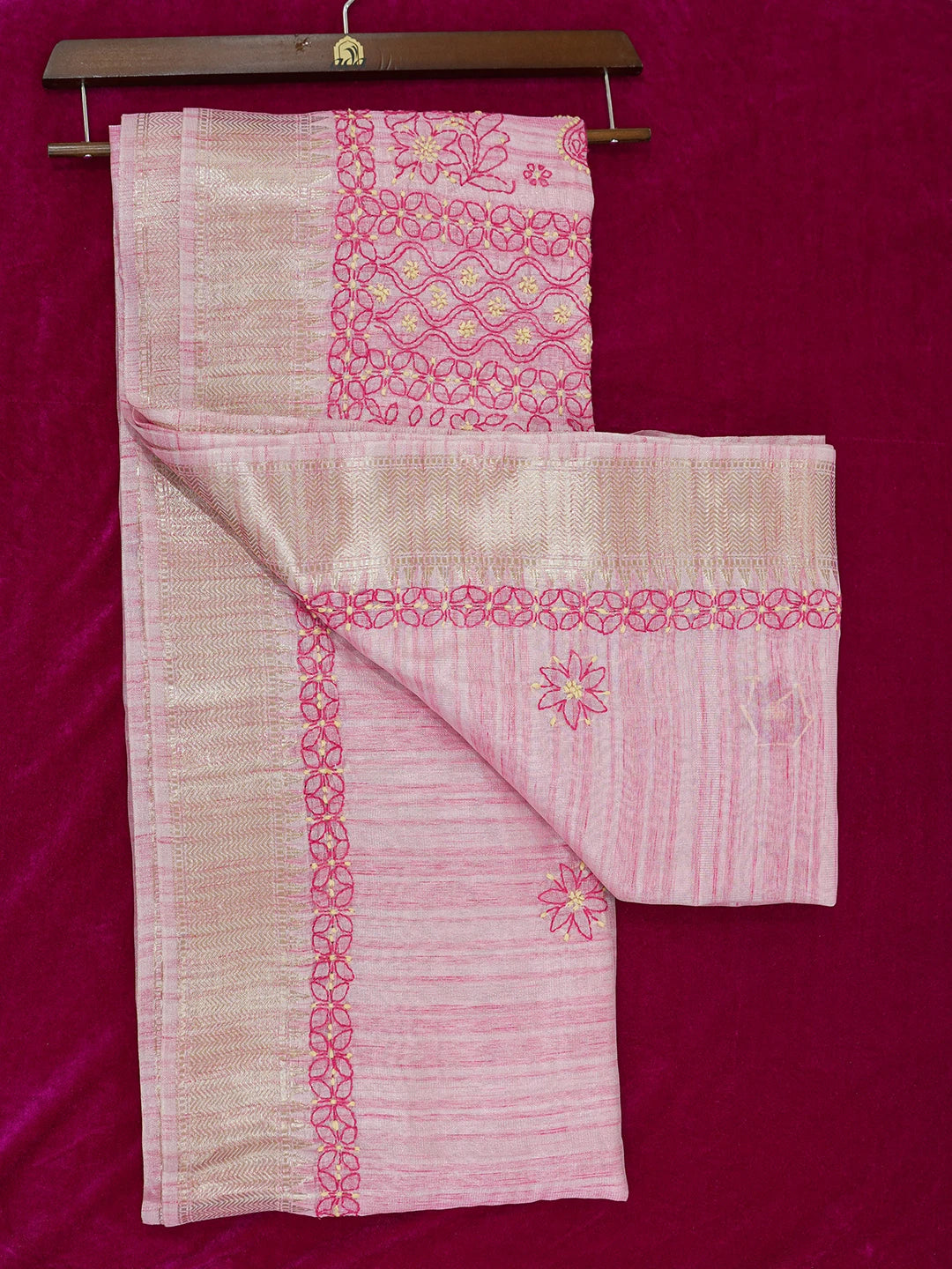 Ada Hand Embroidered Pink Tissue Lucknowi Chikankari Saree and Blouse 01A624174