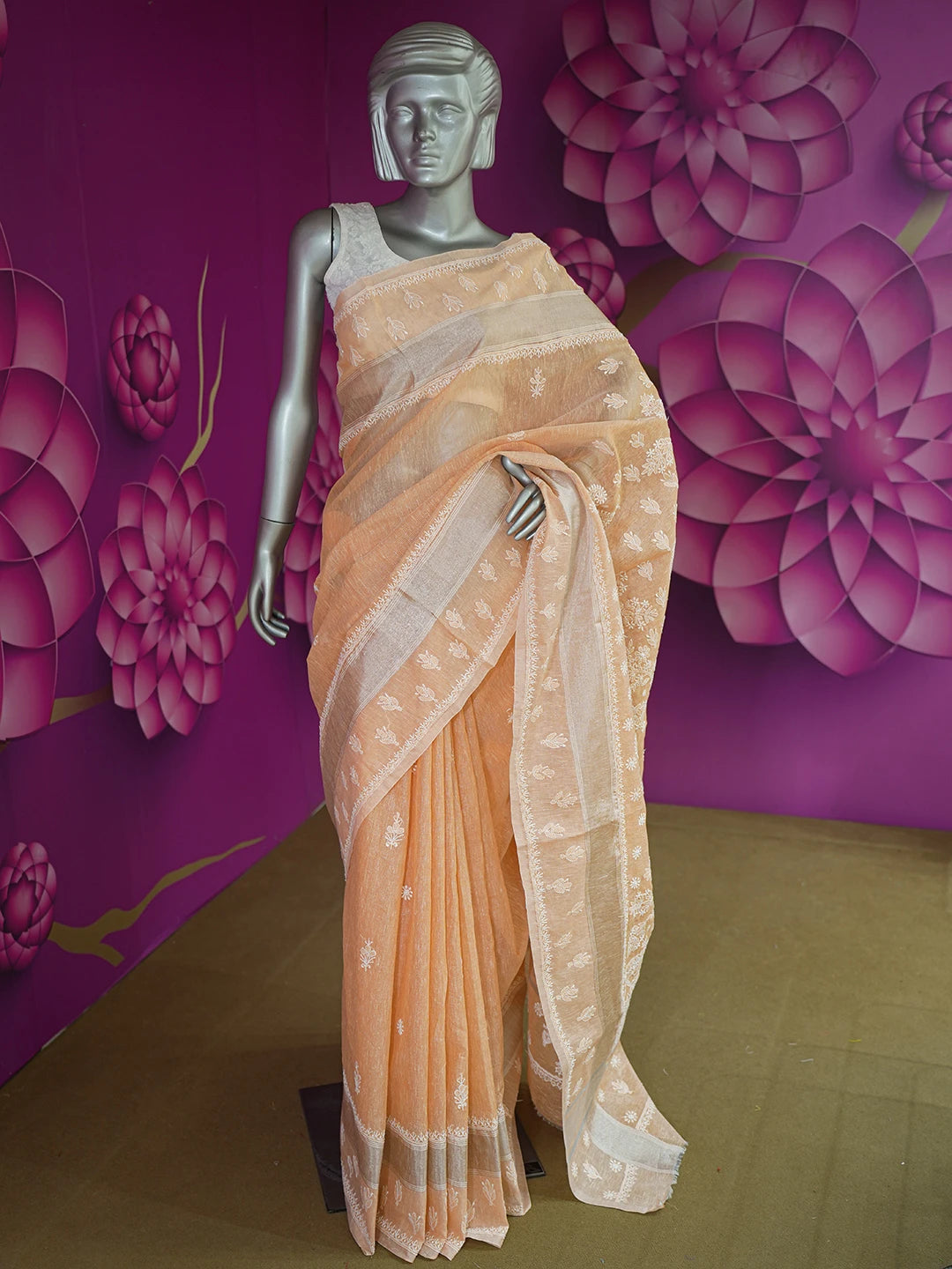 Ada Hand Embroidered Peach Chanderi Lucknowi Chikankari Saree and Blouse With Zari Work 01A604811