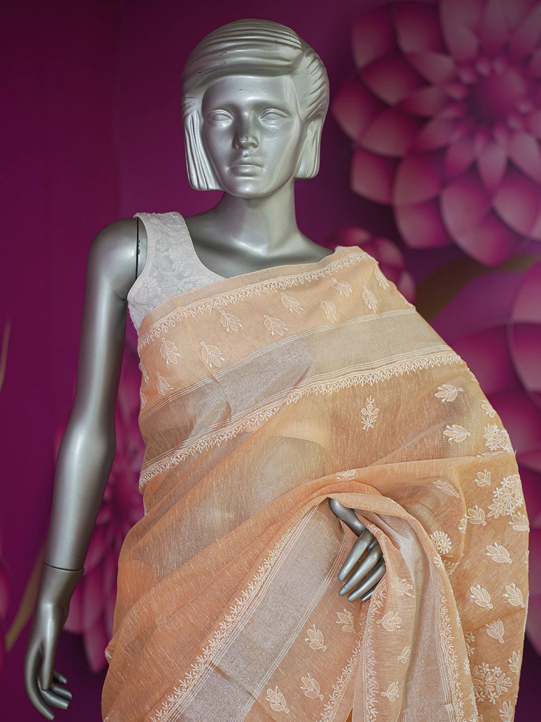 Ada Hand Embroidered Peach Chanderi Lucknowi Chikankari Saree and Blouse With Zari Work 01A604811