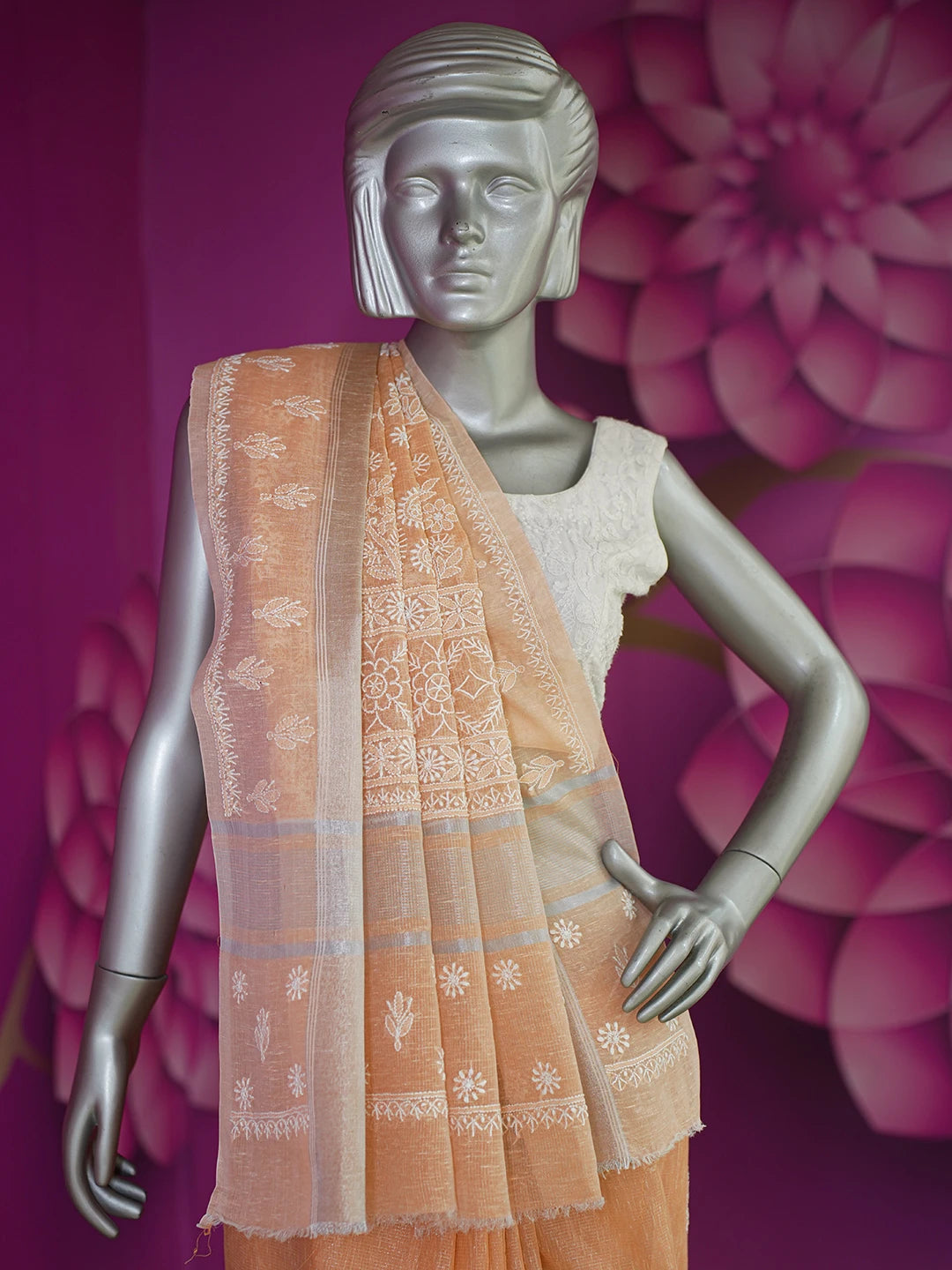 Ada Hand Embroidered Peach Chanderi Lucknowi Chikankari Saree and Blouse With Zari Work 01A604811