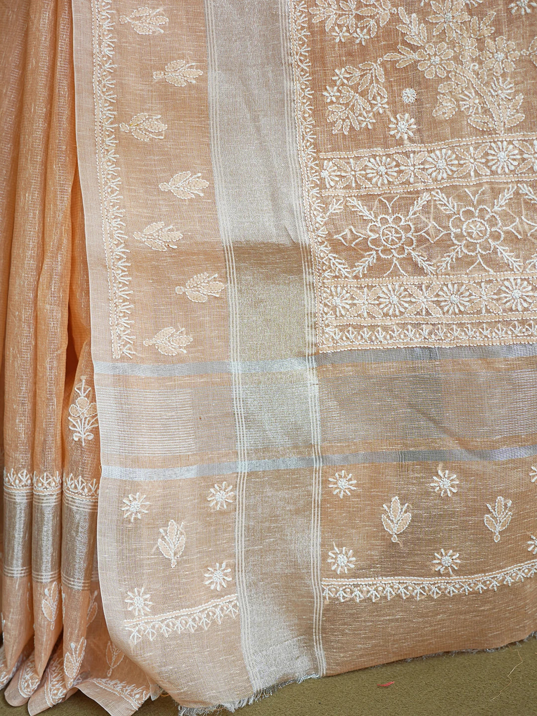 Ada Hand Embroidered Peach Chanderi Lucknowi Chikankari Saree and Blouse With Zari Work 01A604811