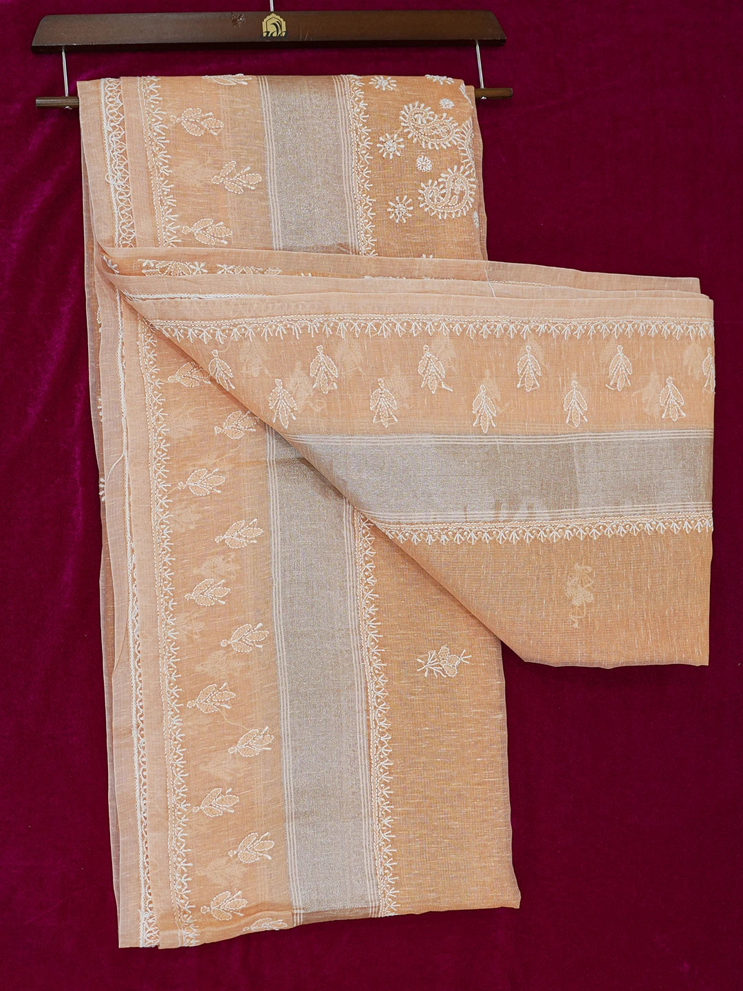 Ada Hand Embroidered Peach Chanderi Lucknowi Chikankari Saree and Blouse With Zari Work 01A604811