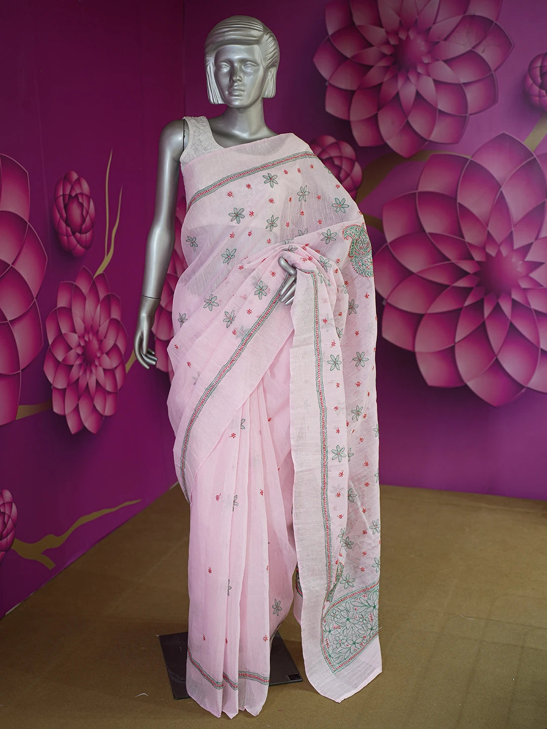 Ada Hand Embroidered Pink Chanderi Lucknowi Chikankari Saree and Blouse 01A453587