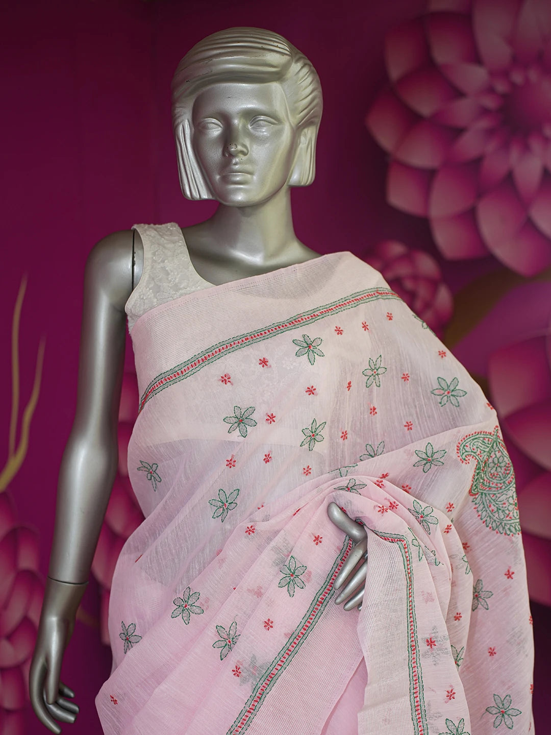 Ada Hand Embroidered Pink Chanderi Lucknowi Chikankari Saree and Blouse 01A453587