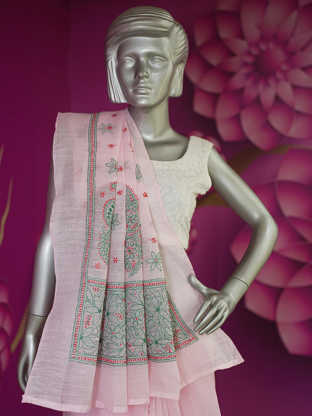 Ada Hand Embroidered Pink Chanderi Lucknowi Chikankari Saree and Blouse 01A453587