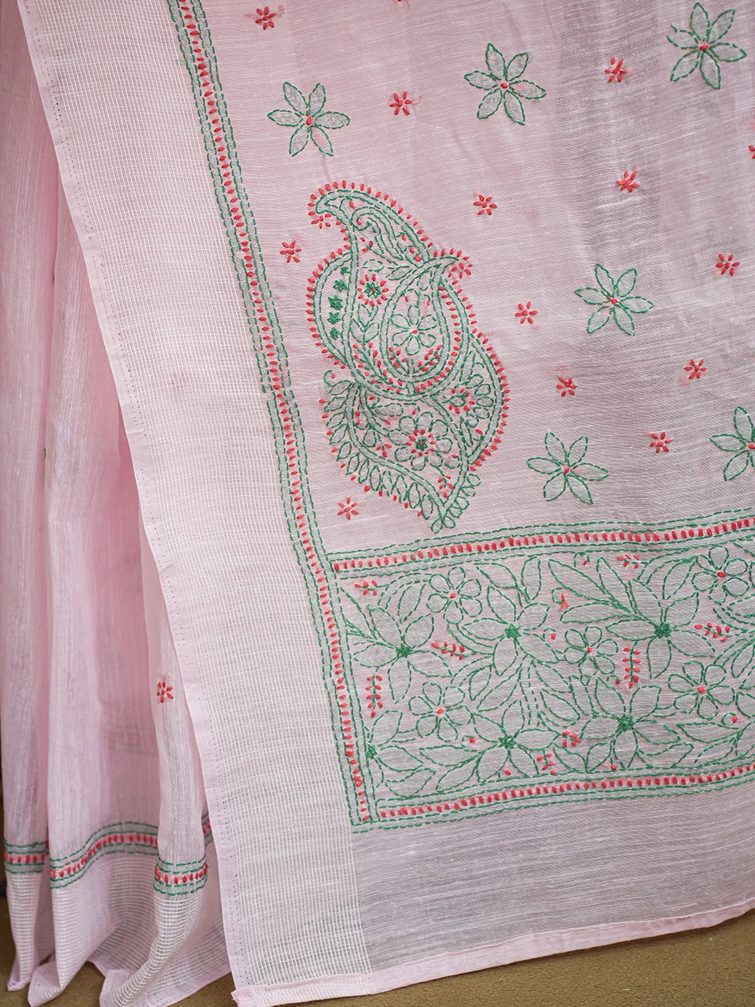 Ada Hand Embroidered Pink Chanderi Lucknowi Chikankari Saree and Blouse 01A453587