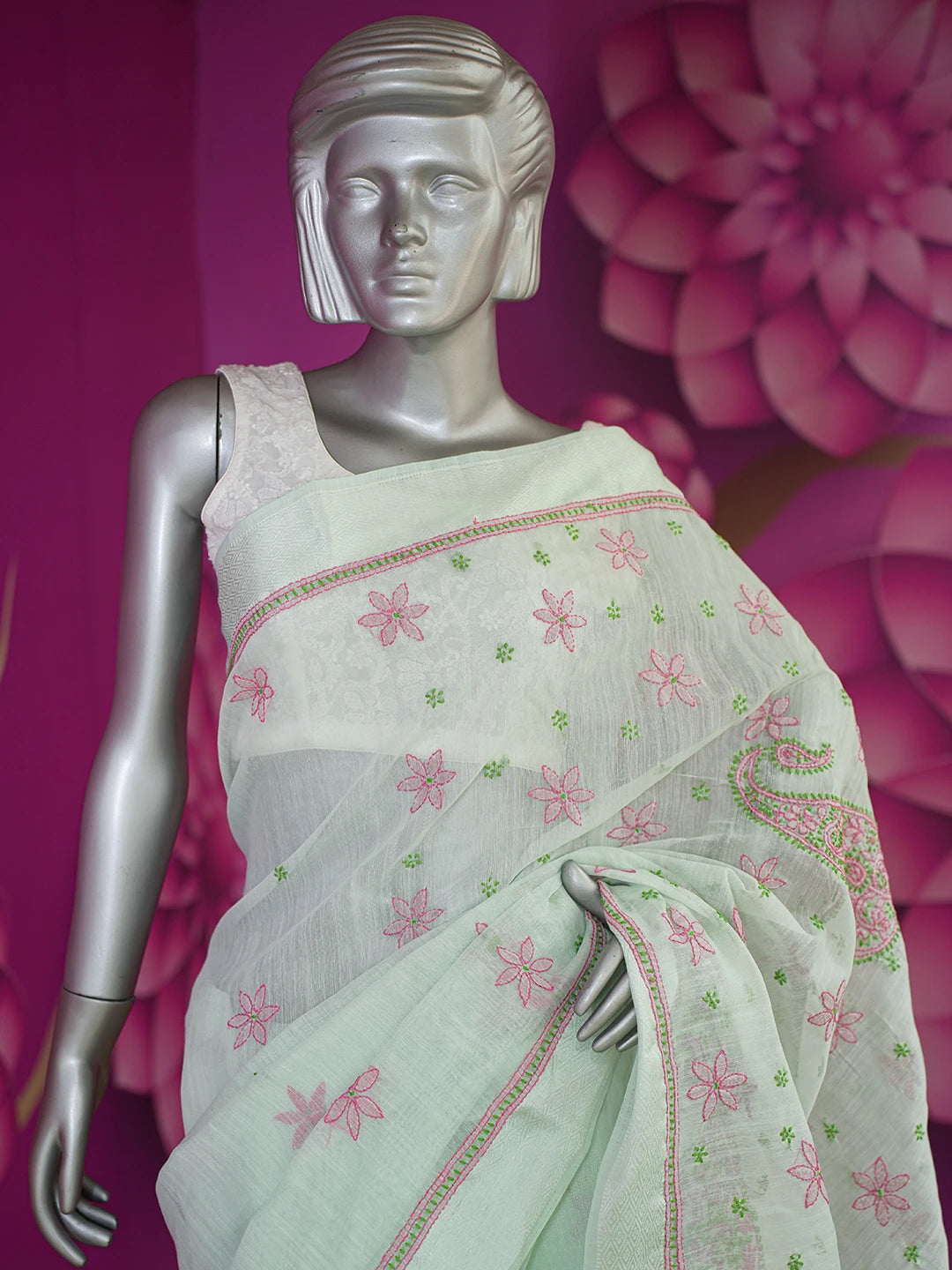 Ada Hand Embroidered Light Green Chanderi Lucknowi Chikankari Saree and Blouse 01A593861