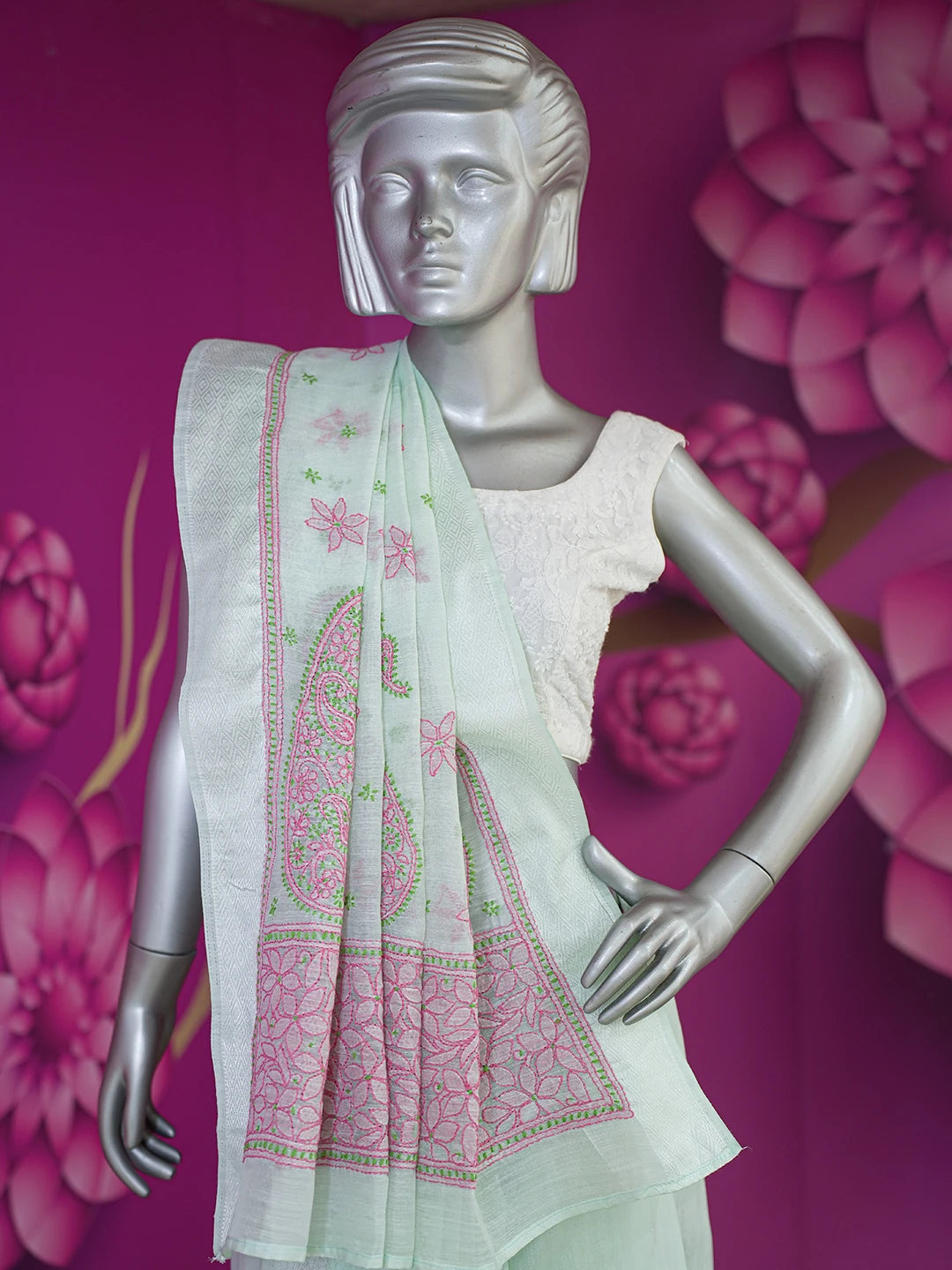 Ada Hand Embroidered Light Green Chanderi Lucknowi Chikankari Saree and Blouse 01A593861