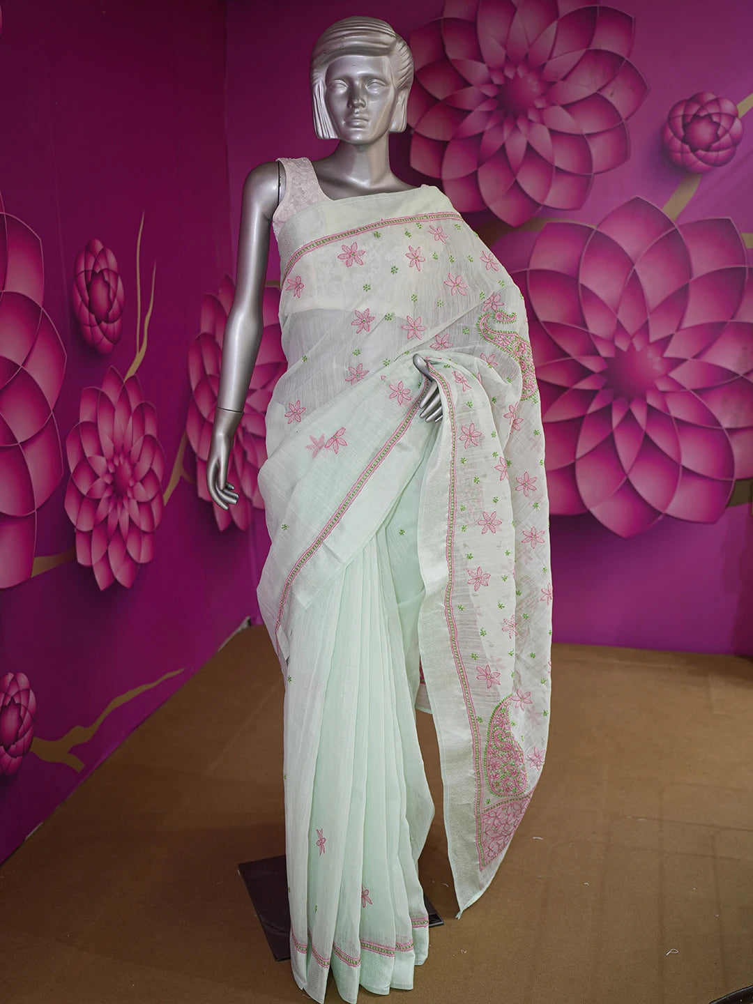 Ada Hand Embroidered Light Green Chanderi Lucknowi Chikankari Saree and Blouse 01A593861