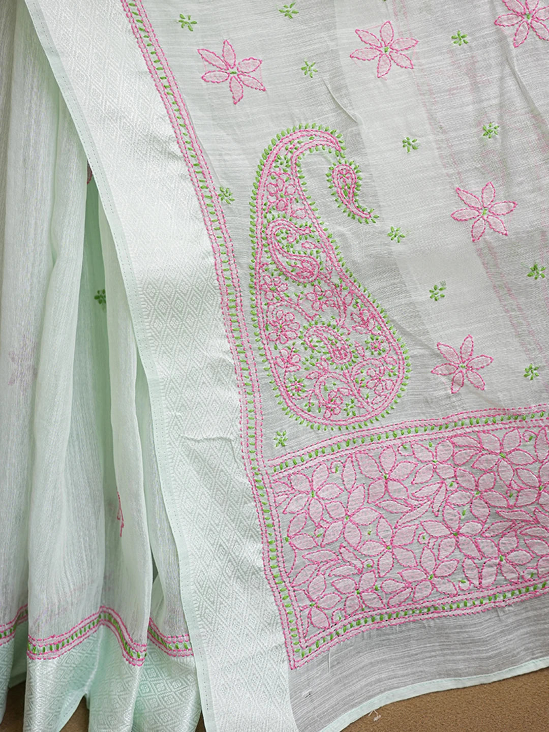 Ada Hand Embroidered Light Green Chanderi Lucknowi Chikankari Saree and Blouse 01A593861