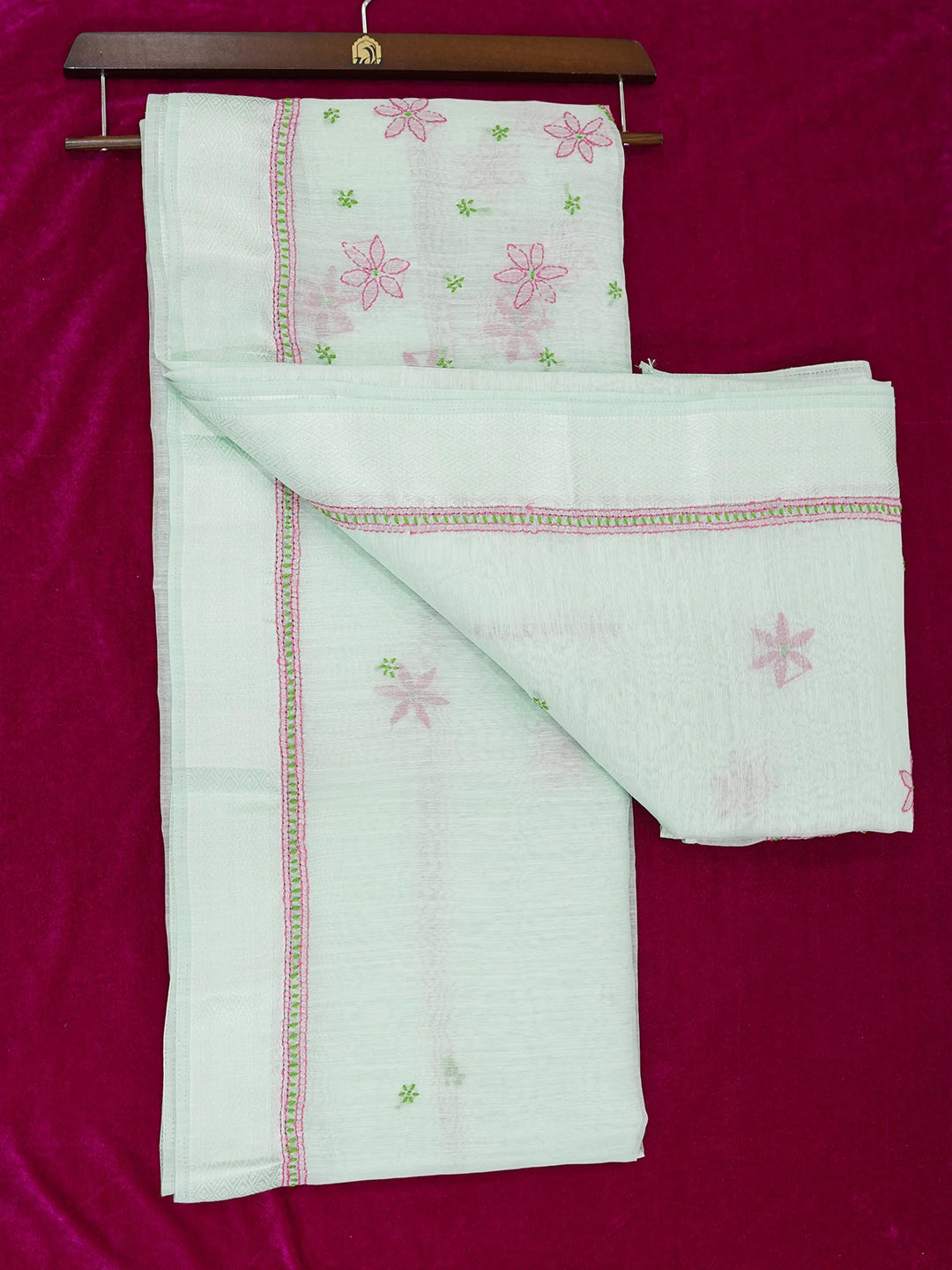 Ada Hand Embroidered Light Green Chanderi Lucknowi Chikankari Saree and Blouse 01A593861