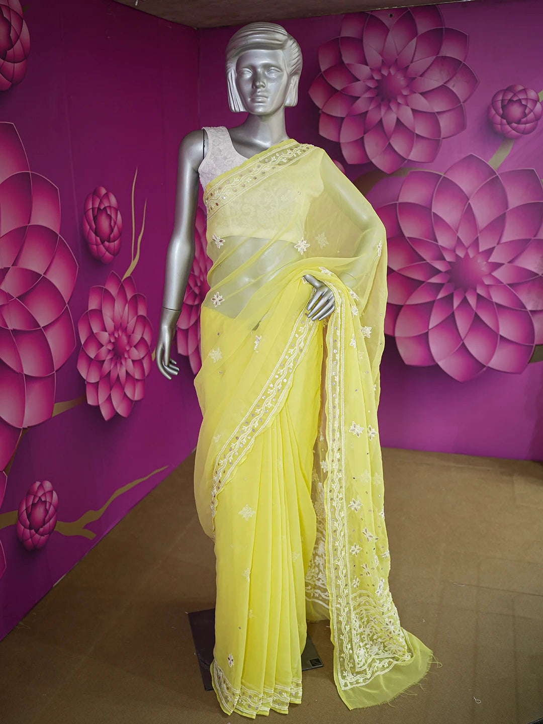 Ada Hand Embroidered Yellow Faux Georgette Lucknowi Chikankari Saree and Blouse With Gota patti Work 01A576903