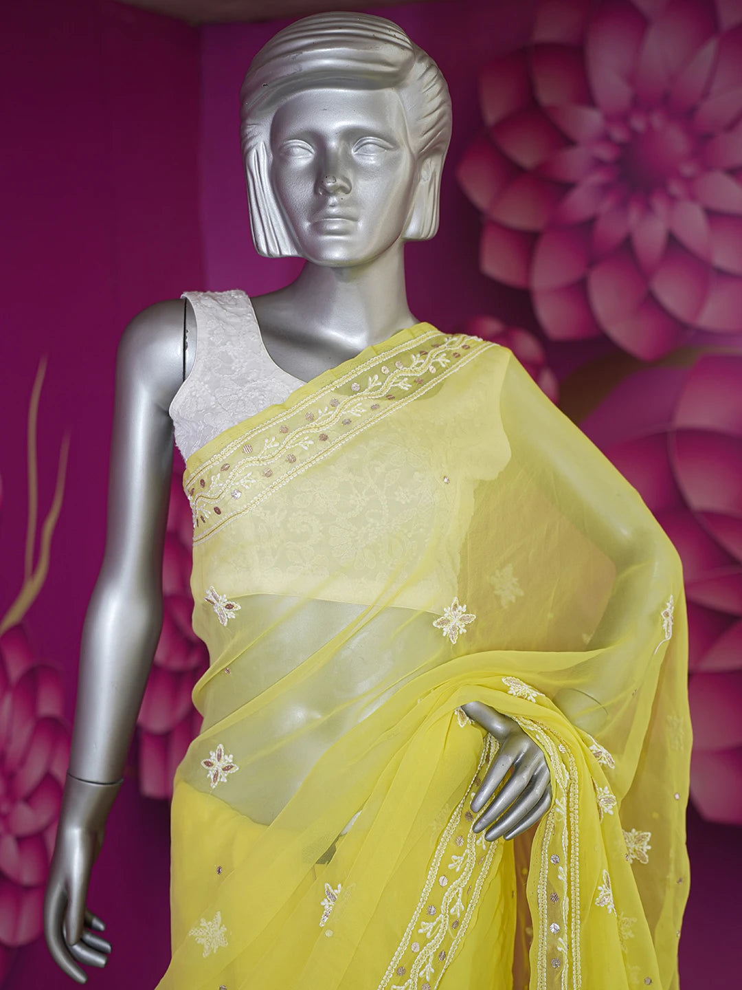 Ada Hand Embroidered Yellow Faux Georgette Lucknowi Chikankari Saree and Blouse With Gota patti Work 01A576903