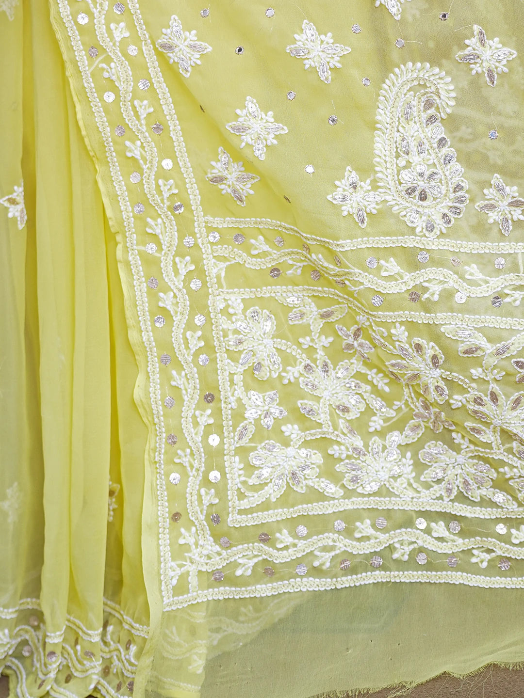 Ada Hand Embroidered Yellow Faux Georgette Lucknowi Chikankari Saree and Blouse With Gota patti Work 01A576903