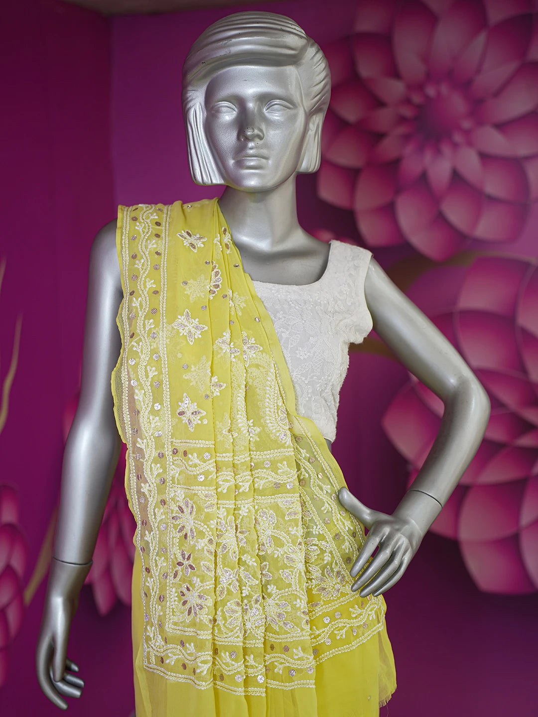 Ada Hand Embroidered Yellow Faux Georgette Lucknowi Chikankari Saree and Blouse With Gota patti Work 01A576903