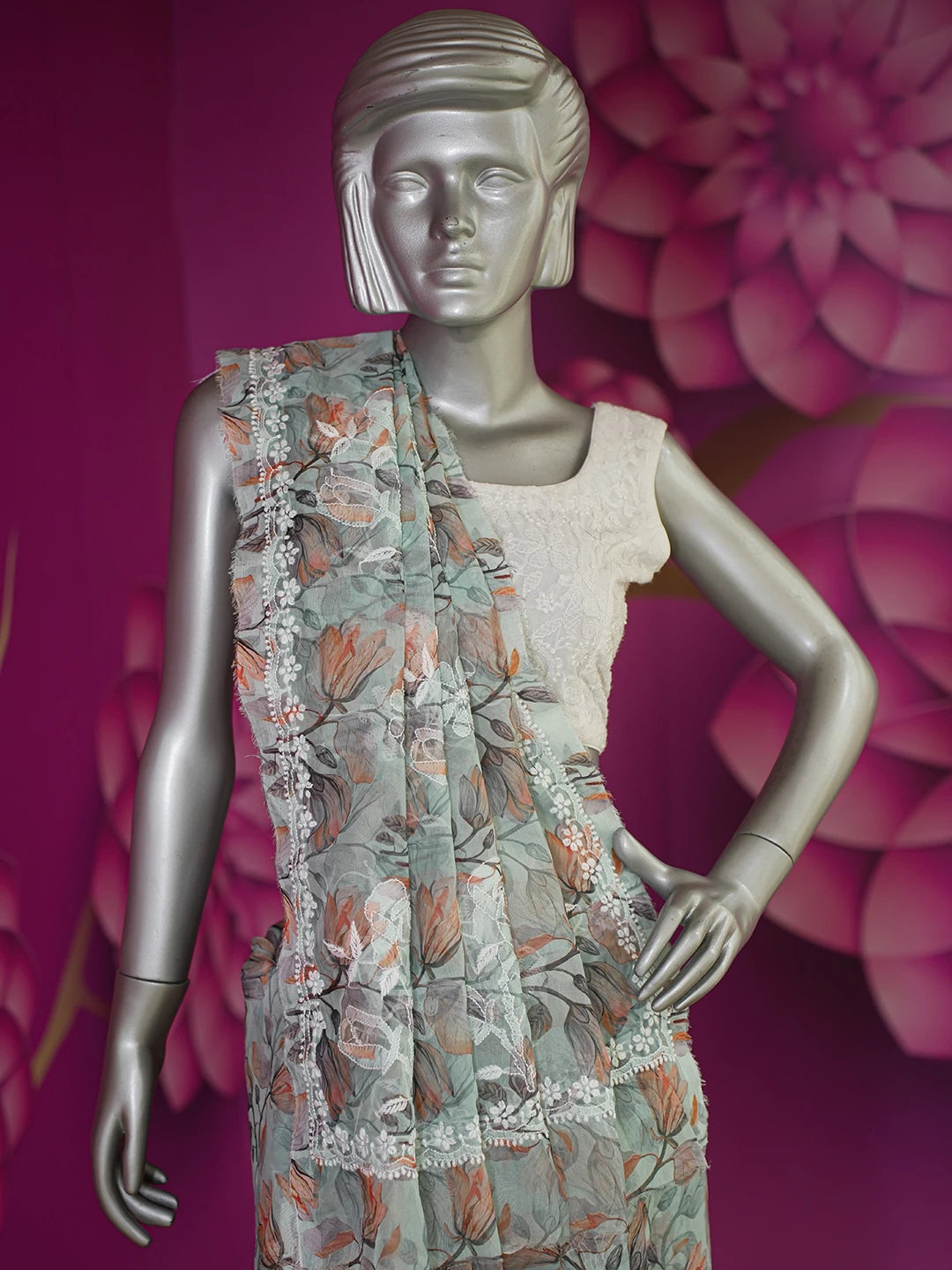 Ada Hand Embroidered Sea Green Organza Floral Printed Lucknowi Chikankari Saree and Blouse 01A621167