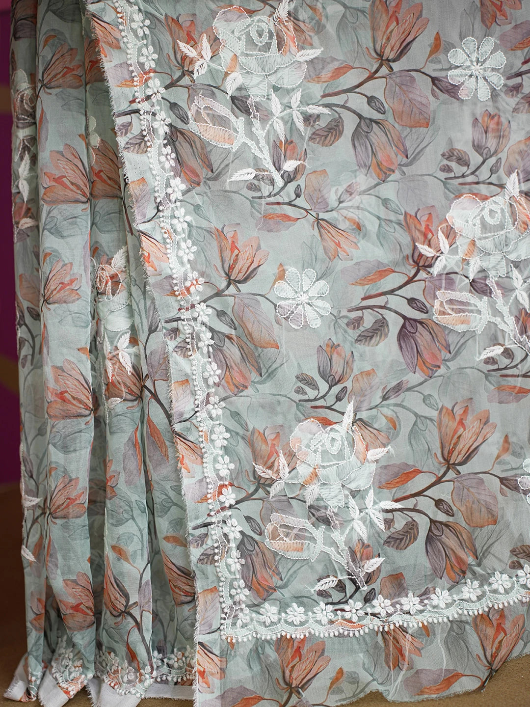 Ada Hand Embroidered Sea Green Organza Floral Printed Lucknowi Chikankari Saree and Blouse 01A621167