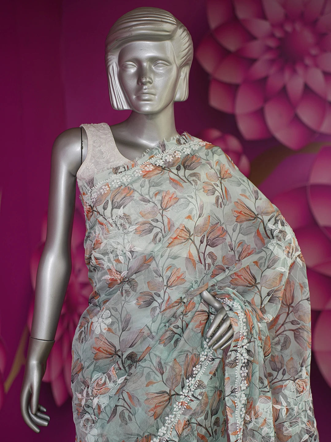 Ada Hand Embroidered Sea Green Organza Floral Printed Lucknowi Chikankari Saree and Blouse 01A621167