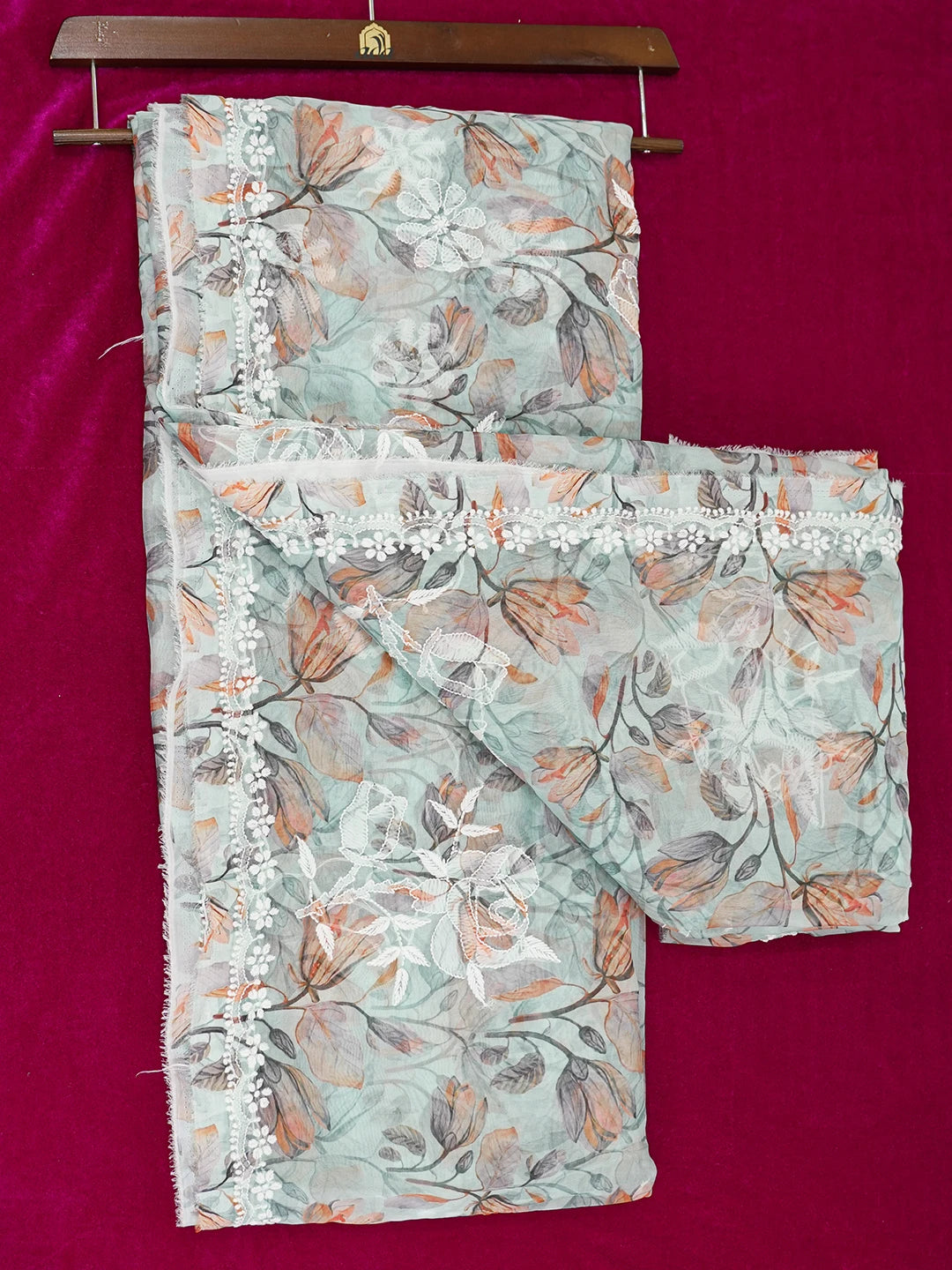 Ada Hand Embroidered Sea Green Organza Floral Printed Lucknowi Chikankari Saree and Blouse 01A621167