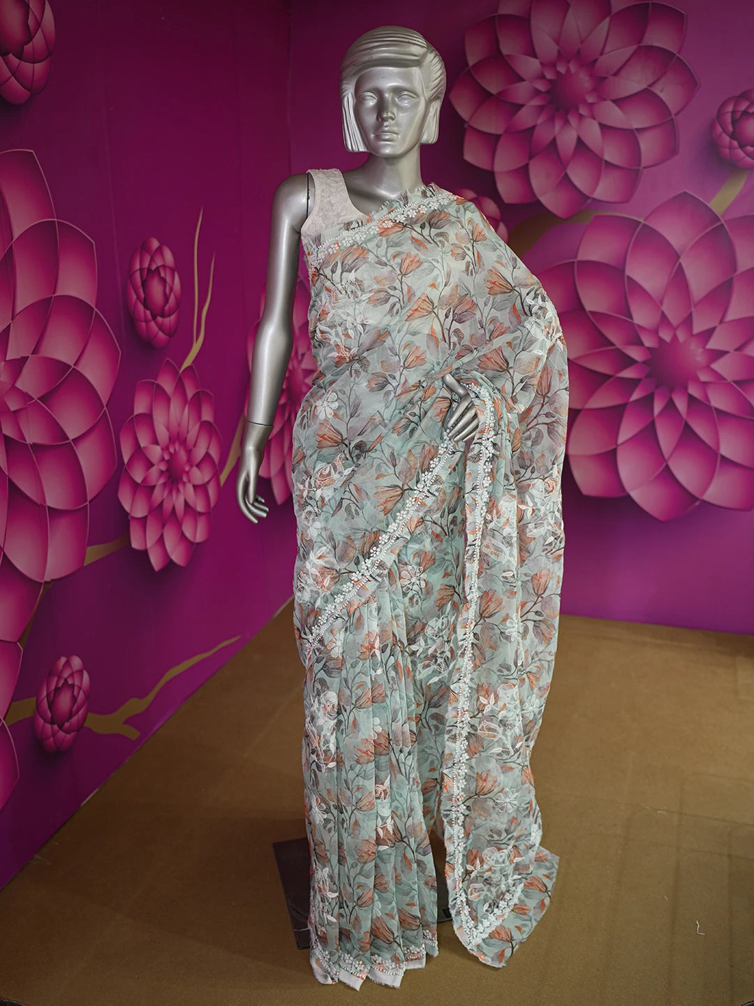 Ada Hand Embroidered Sea Green Organza Floral Printed Lucknowi Chikankari Saree and Blouse 01A621167