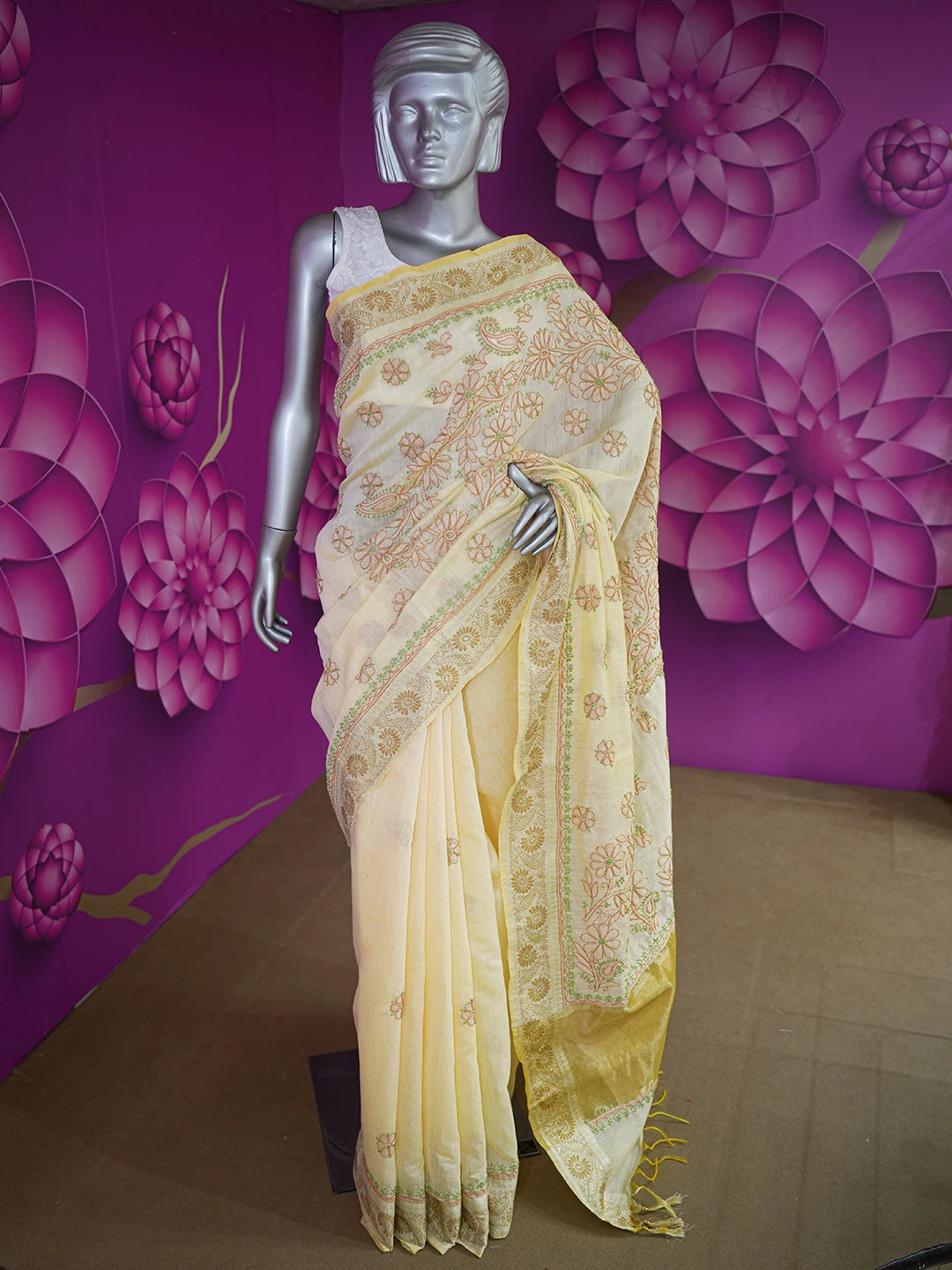Ada Hand Embroidered Beige Chanderi Lucknowi Chikankari Saree and Blouse 01A624154