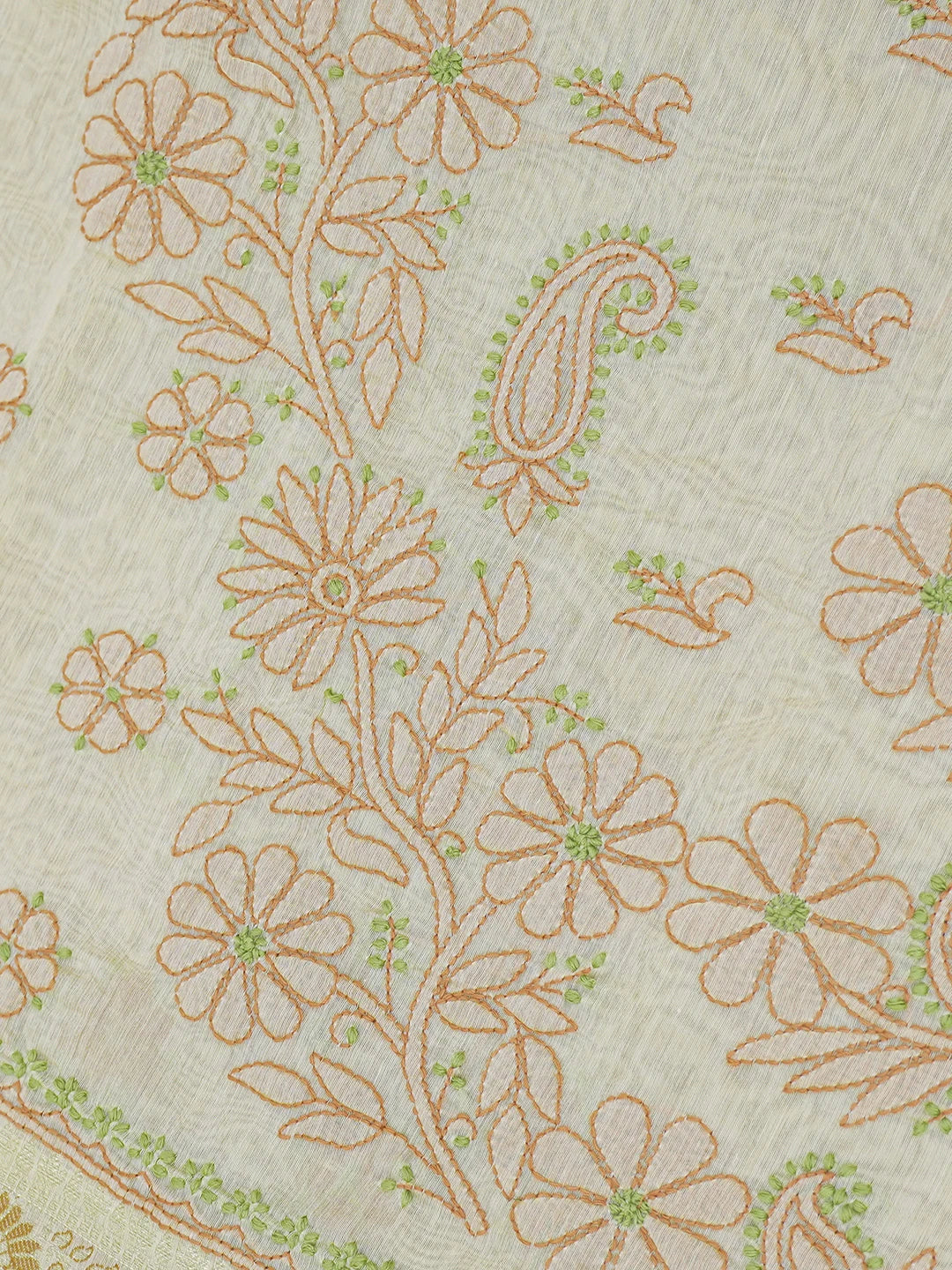 Ada Hand Embroidered Beige Chanderi Lucknowi Chikankari Saree and Blouse 01A624154