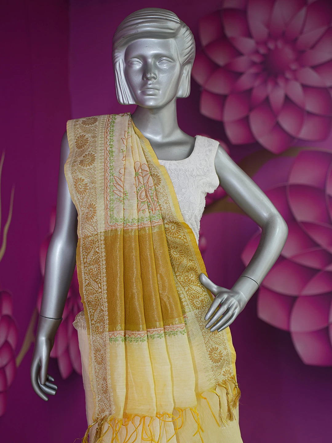 Ada Hand Embroidered Beige Chanderi Lucknowi Chikankari Saree and Blouse 01A624154