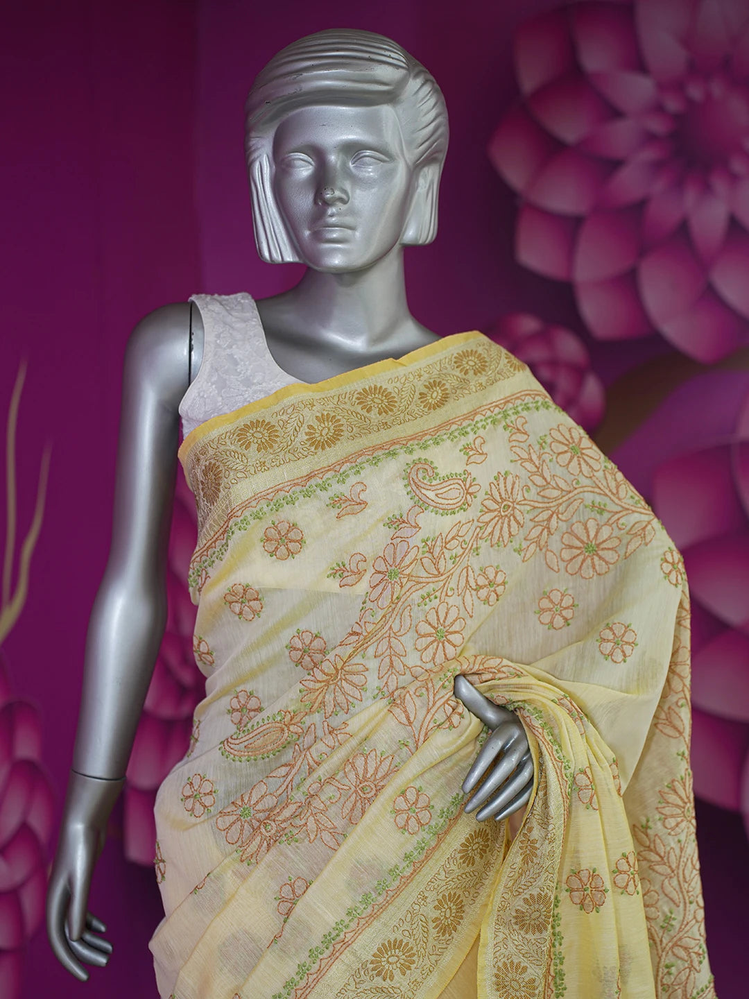 Ada Hand Embroidered Beige Chanderi Lucknowi Chikankari Saree and Blouse 01A624154
