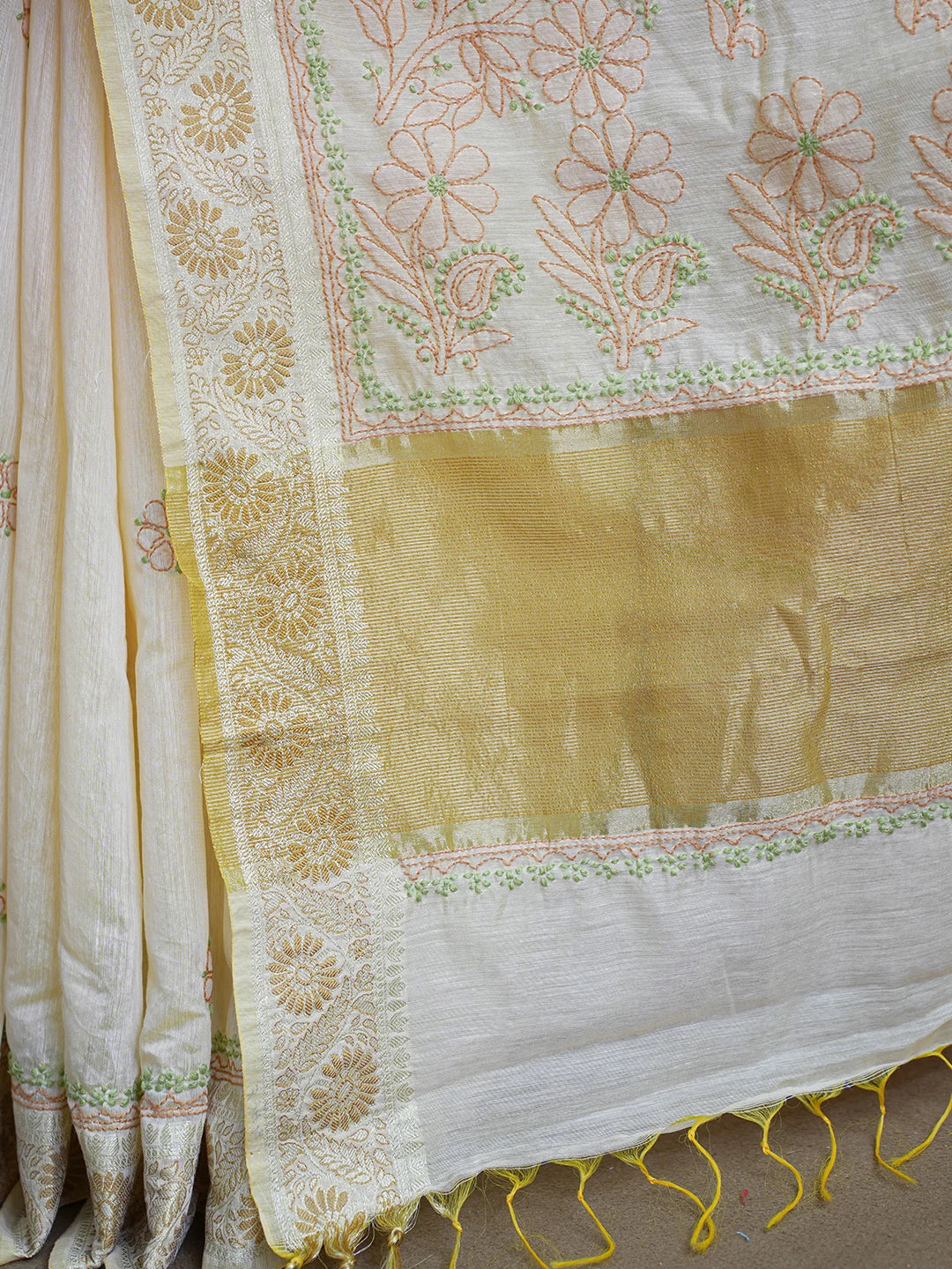 Ada Hand Embroidered Beige Chanderi Lucknowi Chikankari Saree and Blouse 01A624154